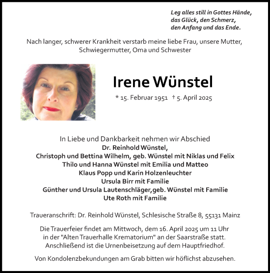 Traueranzeige von Irene Wünstel von Allgemeine Zeitung Mainz