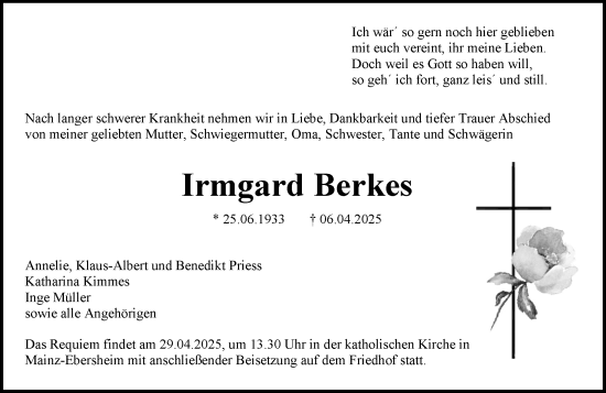 Traueranzeige von Irmgard Berkes von Allgemeine Zeitung Mainz