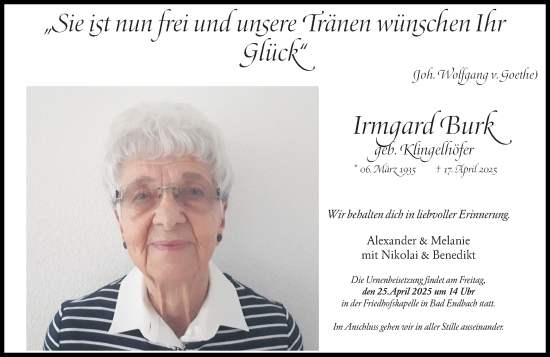 Traueranzeige von Irmgard Burk von Hinterländer Anzeiger