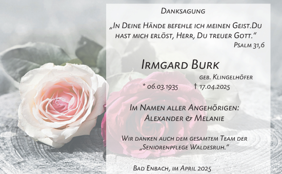 Traueranzeige von Irmgard Burk von Hinterländer Anzeiger