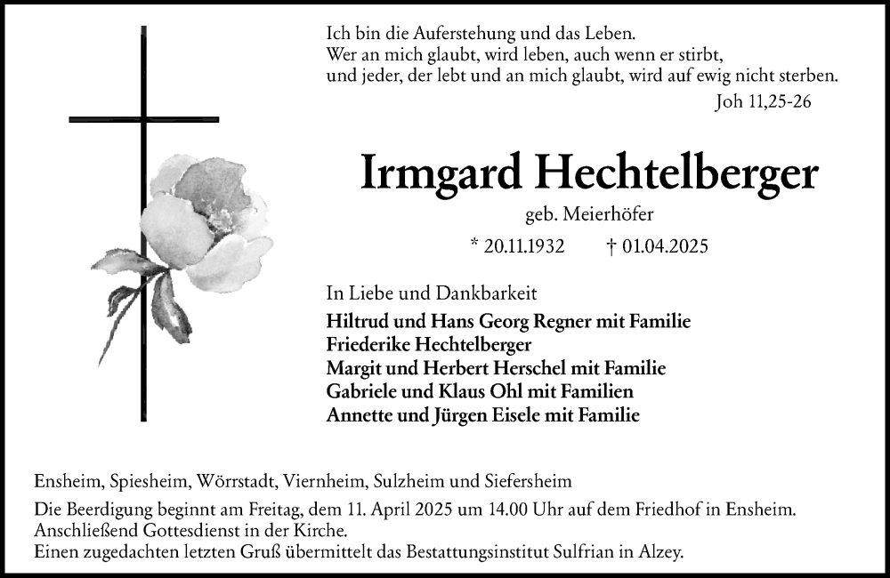  Traueranzeige für Irmgard Hechtelberger vom 05.04.2025 aus Allgemeine Zeitung Alzey