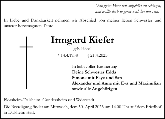 Traueranzeige von Irmgard Kiefer von Wormser Zeitung