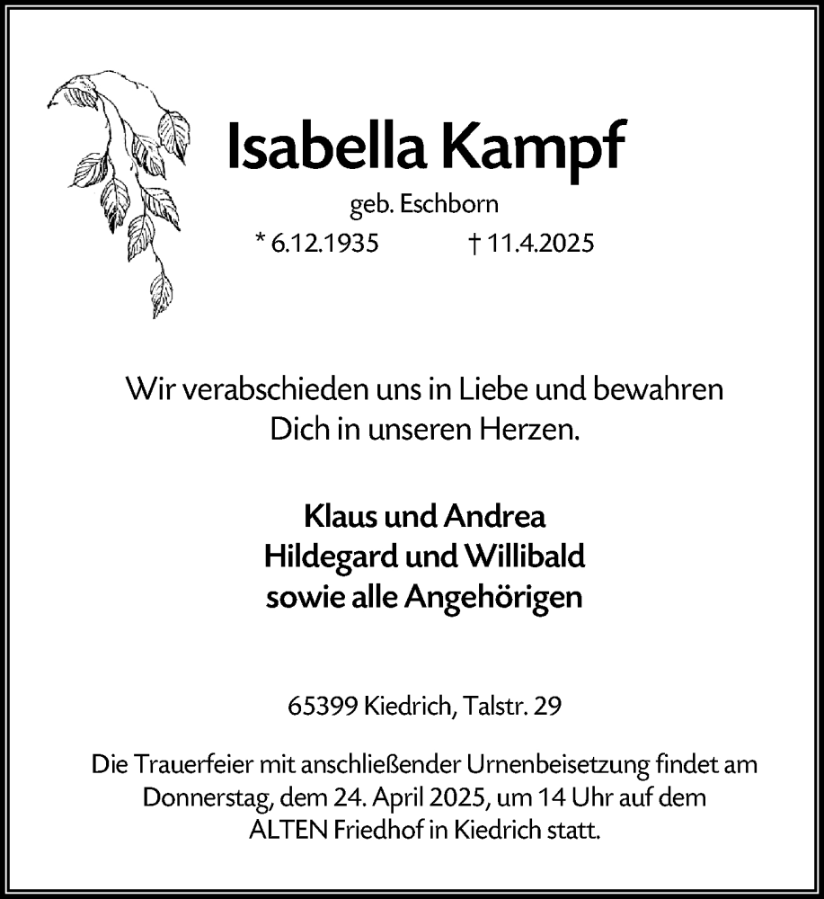  Traueranzeige für Isabella Kampf vom 19.04.2025 aus Rheingau Kurier