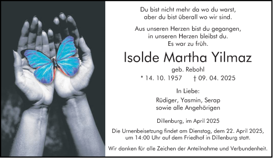 Traueranzeige von Isolde Martha Yilmaz von Dill Block
