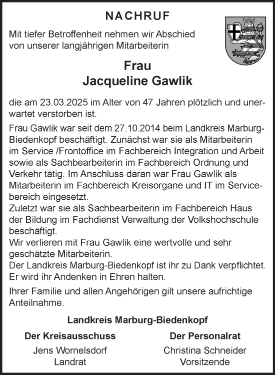 Traueranzeige von Jacqueline Gawlik von Hinterländer Anzeiger