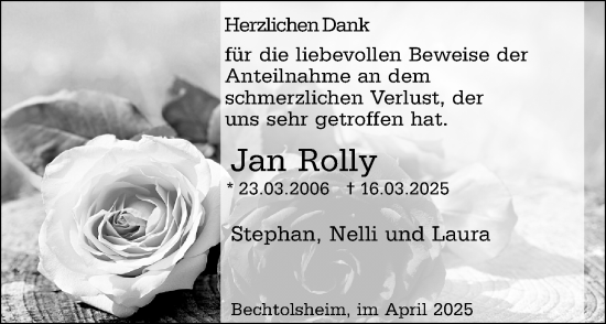 Traueranzeige von Jan Rolly von Allgemeine Zeitung Alzey