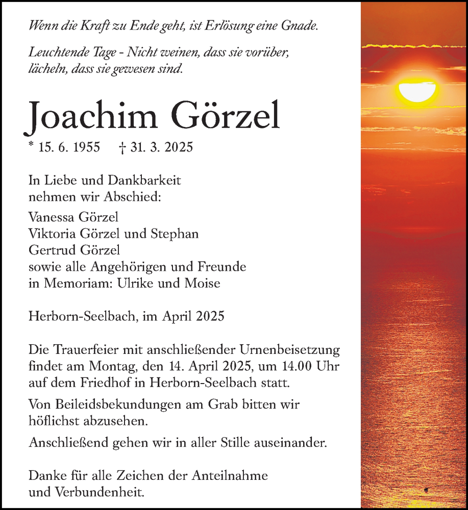  Traueranzeige für Joachim Görzel vom 10.04.2025 aus Dill Block