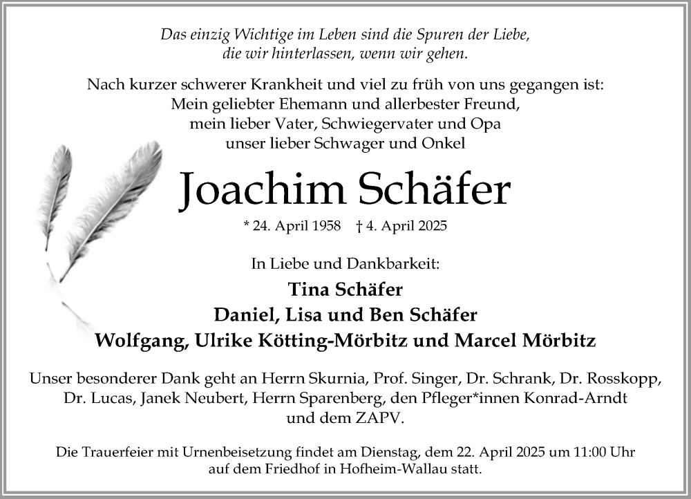  Traueranzeige für Joachim Schäfer vom 12.04.2025 aus Wiesbadener Kurier