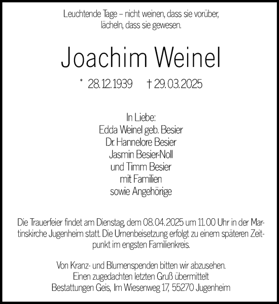 Traueranzeige von Joachim Weinel von Allgemeine Zeitung Mainz