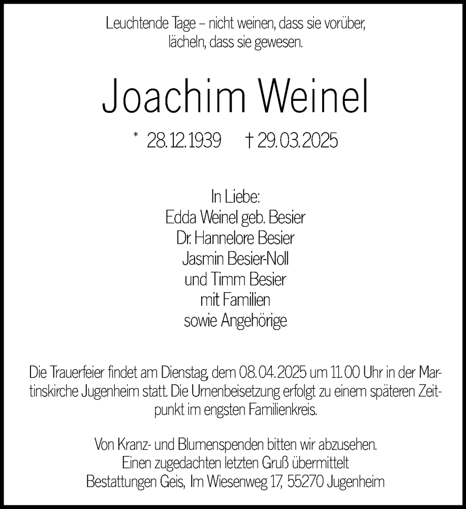  Traueranzeige für Joachim Weinel vom 05.04.2025 aus Allgemeine Zeitung Mainz