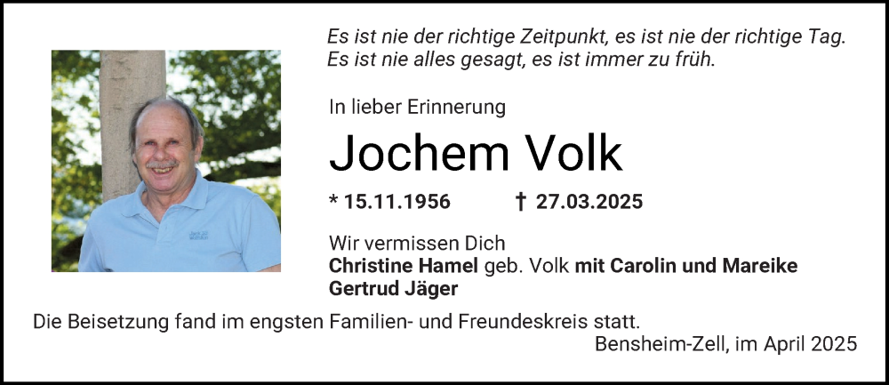 Traueranzeige für Jochem Volk vom 12.04.2025 aus Starkenburger Echo