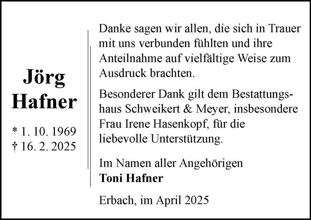  Traueranzeige für Jörg Hafner vom 05.04.2025 aus Odenwälder Echo