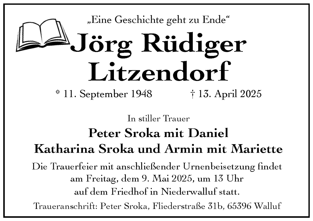  Traueranzeige für Jörg Rüdiger Litzendorf vom 19.04.2025 aus Wiesbadener Kurier