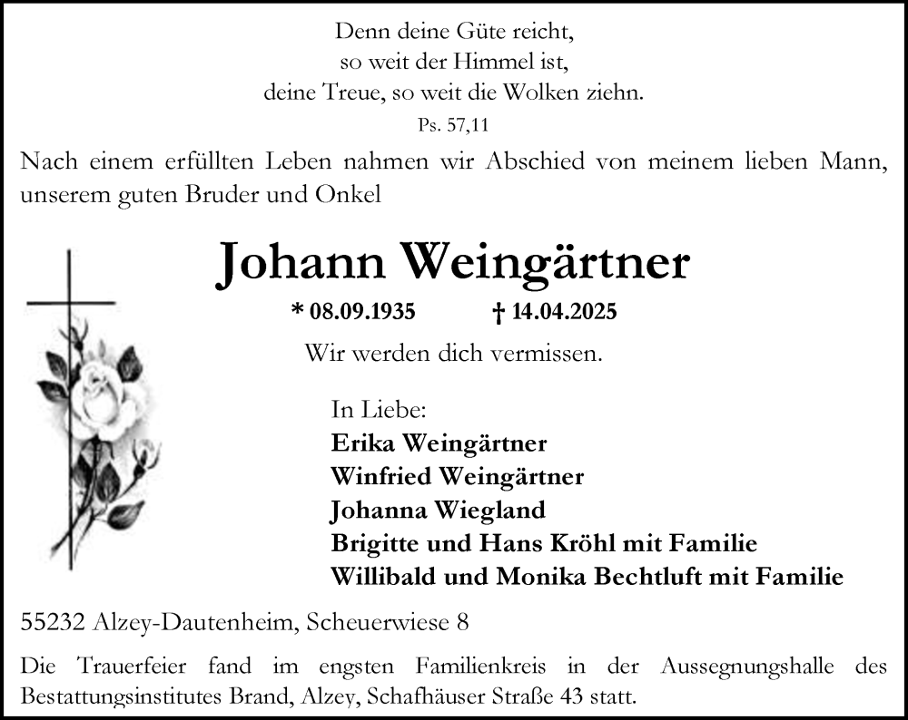  Traueranzeige für Johann Weingärtner vom 26.04.2025 aus Allgemeine Zeitung Alzey