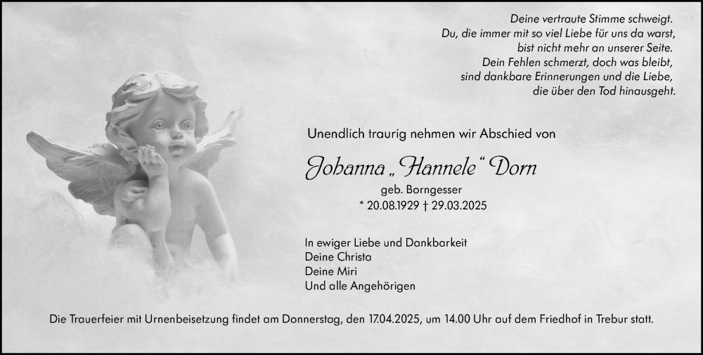  Traueranzeige für Johanna Dorn vom 05.04.2025 aus Groß-Gerauer Echo