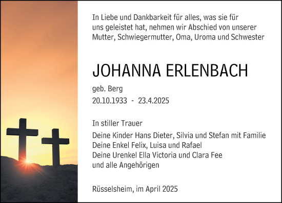 Traueranzeige von Johanna Erlenbach von Allgemeine Zeitung Mainz