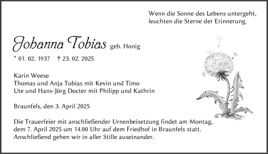 Traueranzeige von Johanna Tobias von Wetzlarer Neue Zeitung