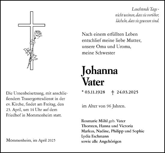 Traueranzeige von Johanna Vater von Allgemeine Zeitung Mainz
