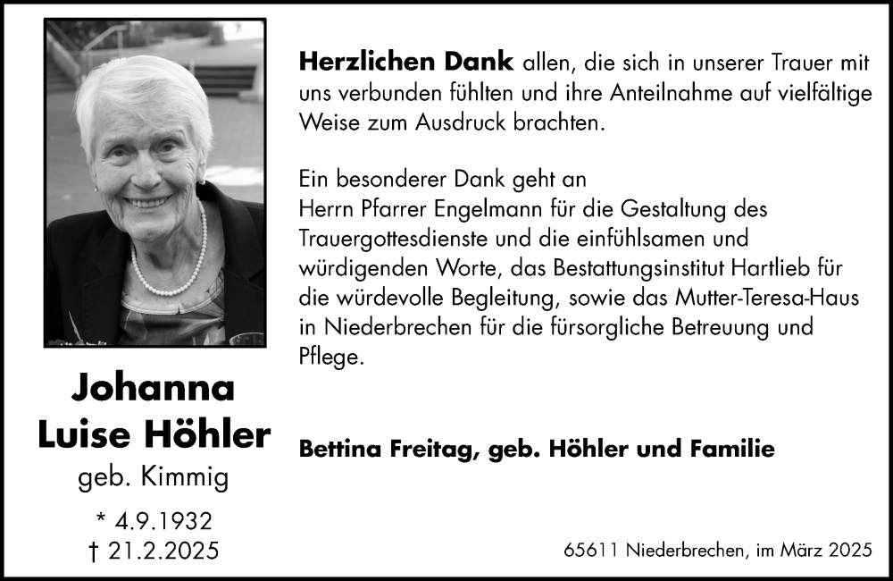  Traueranzeige für Johanna Luise Höhler vom 03.04.2025 aus Camberger Anzeiger
