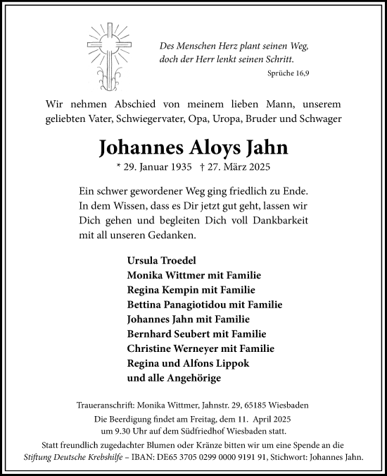 Traueranzeige von Johannes Aloys Jahn von Wiesbadener Kurier
