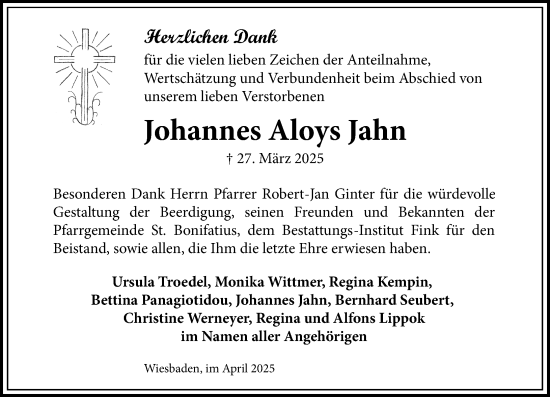 Traueranzeige von Johannes Aloys Jahn von Wiesbadener Kurier