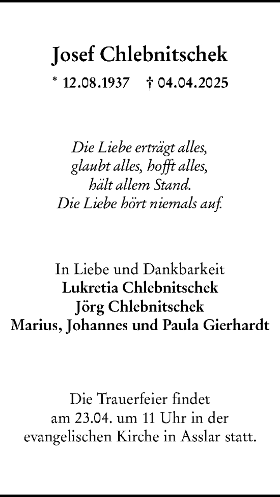 Traueranzeige von Josef Chlebnitschek von Wetzlarer Neue Zeitung