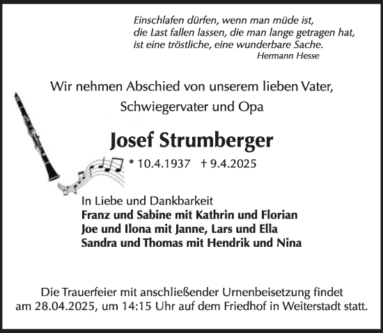 Traueranzeige von Josef Strumberger von Darmstädter Echo