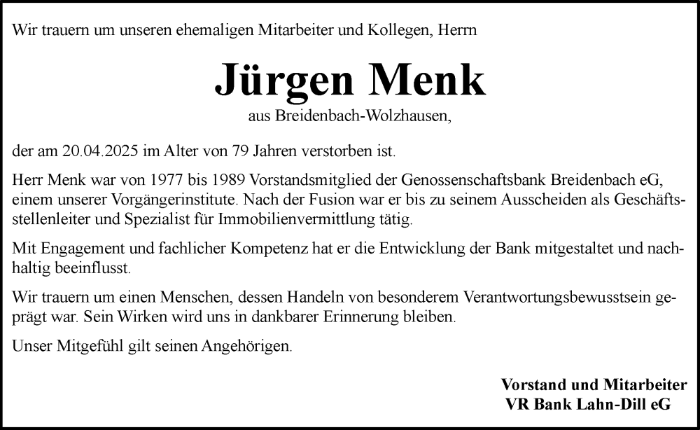  Traueranzeige für Jürgen Menk vom 25.04.2025 aus Hinterländer Anzeiger