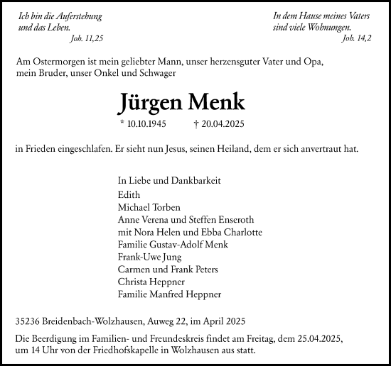 Traueranzeige von Jürgen Menk von Hinterländer Anzeiger