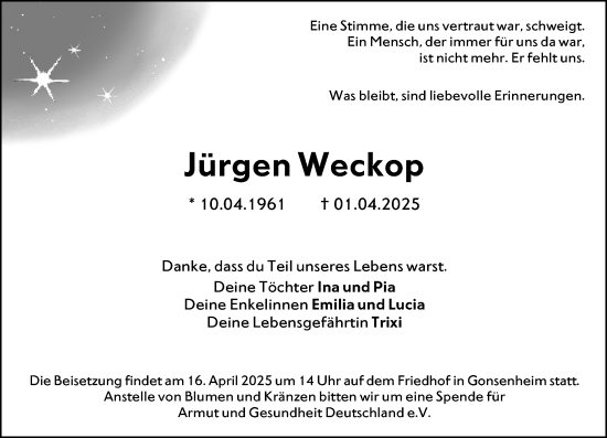 Traueranzeige von Jürgen Weckop von Allgemeine Zeitung Mainz