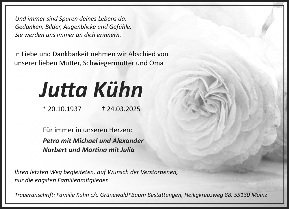  Traueranzeige für Jutta Kühn vom 12.04.2025 aus Allgemeine Zeitung Mainz