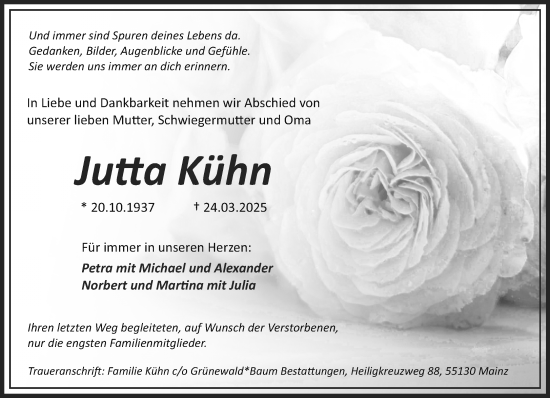 Traueranzeige von Jutta Kühn von Allgemeine Zeitung Mainz