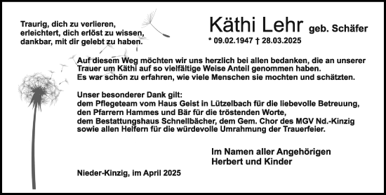 Traueranzeige von Käthi Leh von Odenwälder Echo