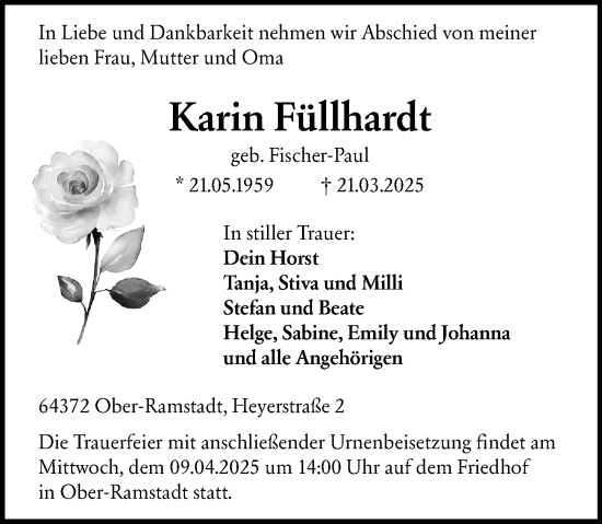 Traueranzeige von Karin Füllhardt von Darmstädter Echo