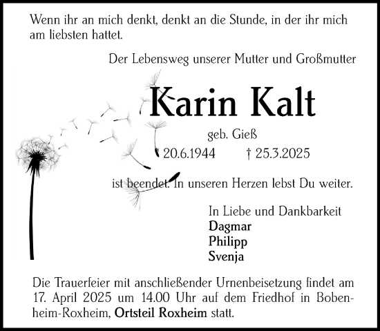 Traueranzeige von Karin Kalt von Wormser Zeitung