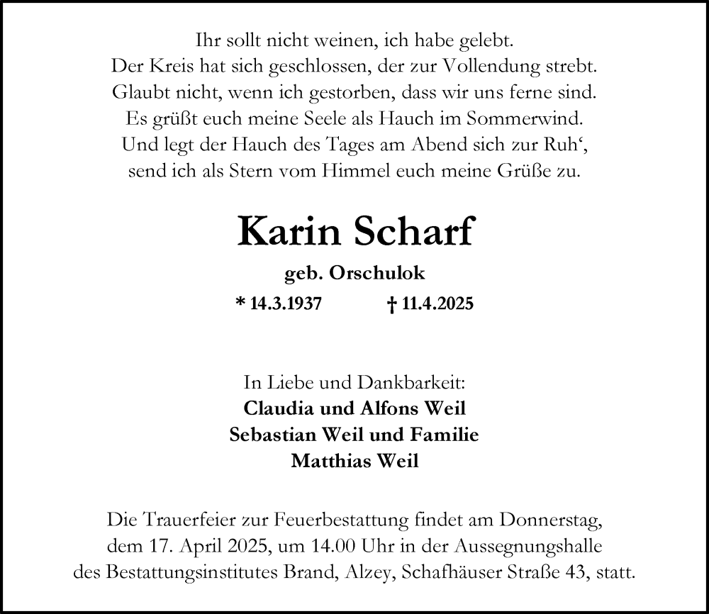  Traueranzeige für Karin Scharf vom 12.04.2025 aus Allgemeine Zeitung Alzey