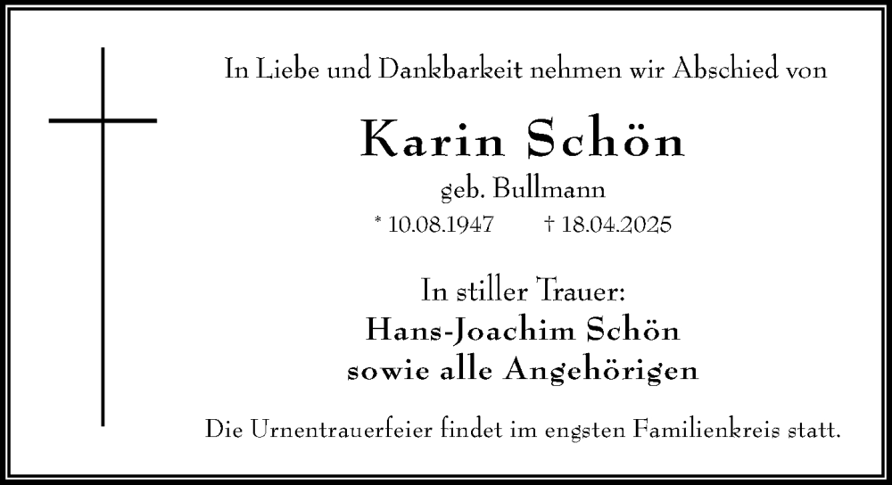  Traueranzeige für Karin Schön vom 26.04.2025 aus Wiesbadener Kurier