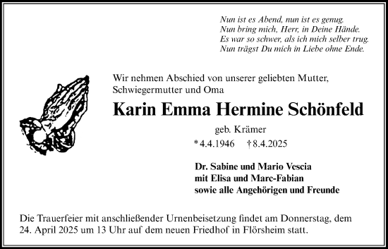 Traueranzeige von Karin Emma Hermine Schönfeld von Wiesbadener Kurier