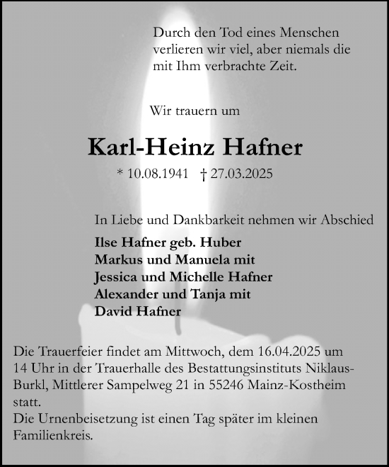 Traueranzeige von Karl-Heinz Hafner von Allgemeine Zeitung Mainz