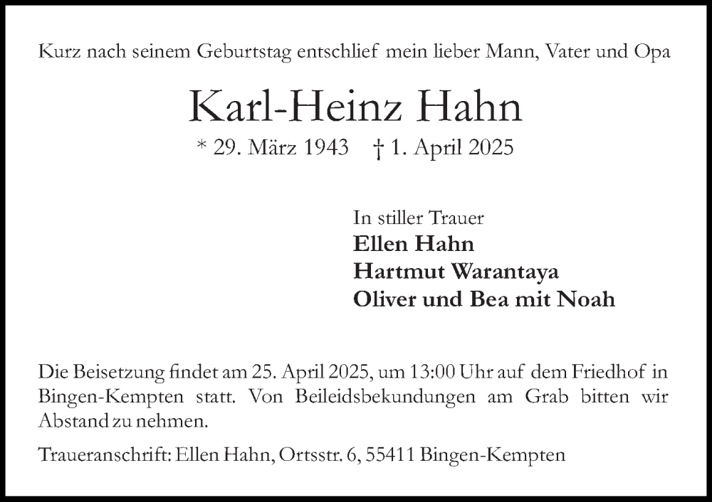  Traueranzeige für Karl-Heinz Hahn vom 19.04.2025 aus Allgemeine Zeitung Rheinhessen-Nahe