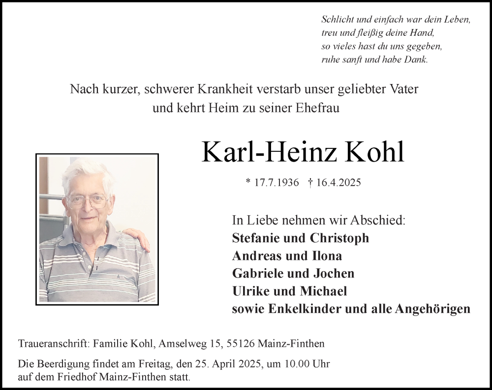  Traueranzeige für Karl-Heinz Kohl vom 19.04.2025 aus Allgemeine Zeitung Mainz