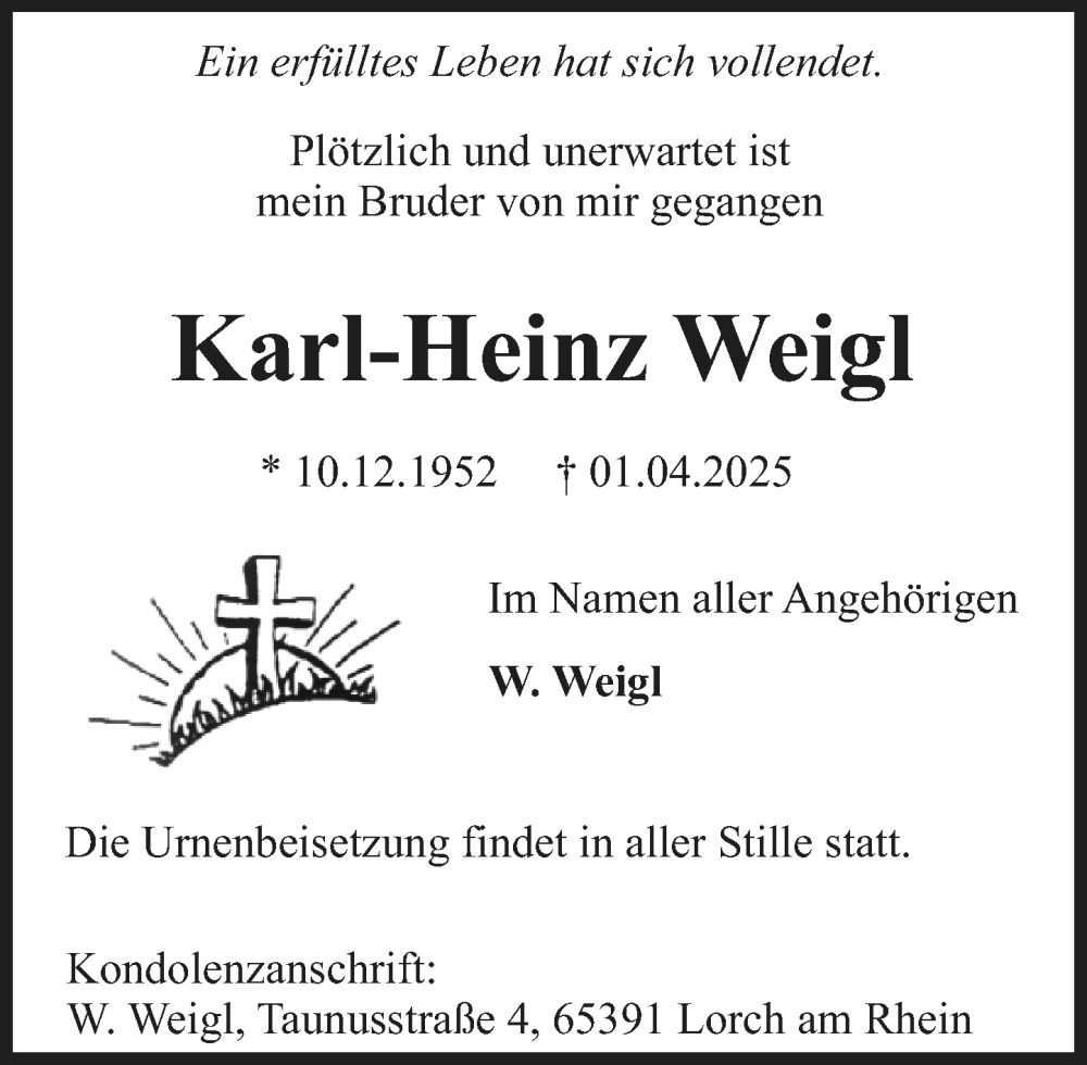  Traueranzeige für Karl-Heinz Weigl vom 24.04.2025 aus Wiesbadener Kurier
