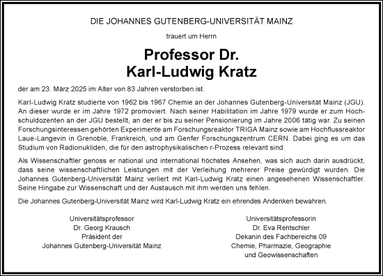 Traueranzeige von Karl-Ludwig Kratz von Allgemeine Zeitung Mainz