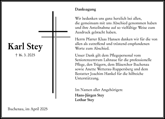 Traueranzeige von Karl Stey von Hinterländer Anzeiger
