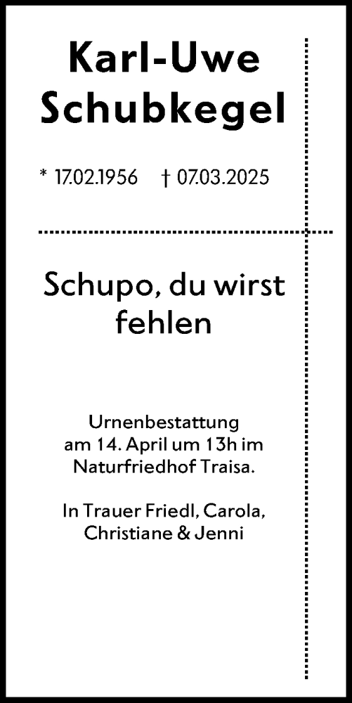 Traueranzeige von Karl-Uwe Schubkegel von Darmstädter Echo
