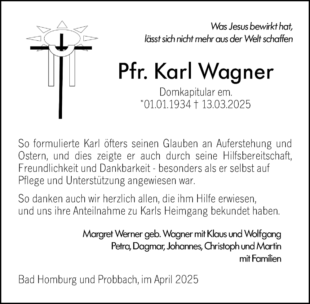 Traueranzeige für Karl Wagner vom 12.04.2025 aus Weilburger Tageblatt