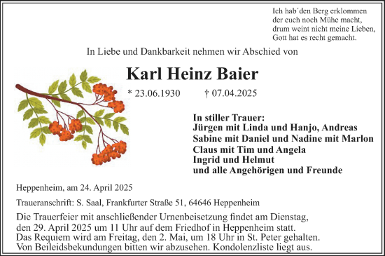 Traueranzeige von Karl Heinz Baier von Starkenburger Echo