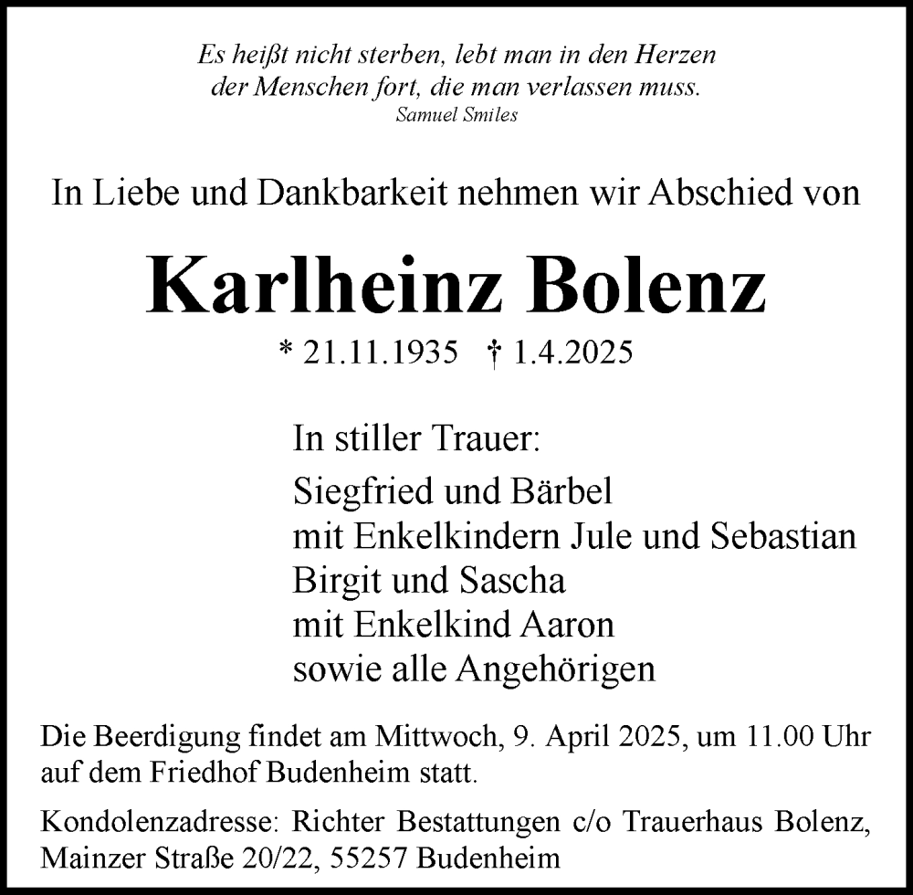  Traueranzeige für Karlheinz Bolenz vom 05.04.2025 aus Allgemeine Zeitung Mainz