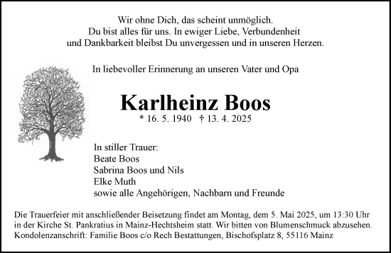 Traueranzeige von Karlheinz Boos von Allgemeine Zeitung Mainz