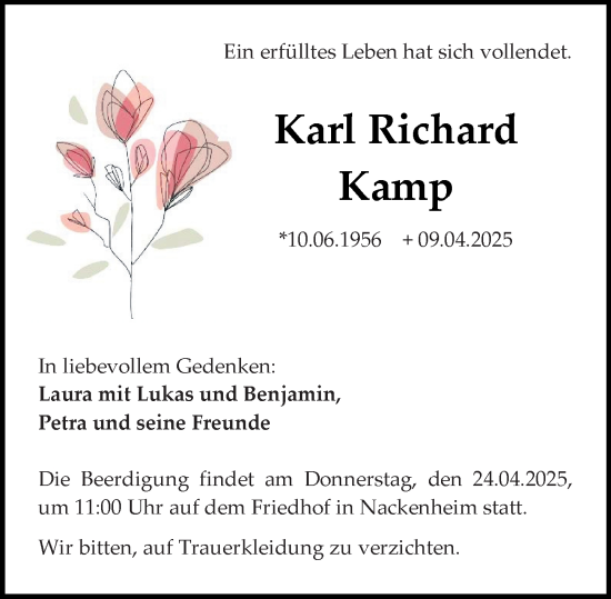 Traueranzeige von Karl Richard Kamp von Allgemeine Zeitung Mainz
